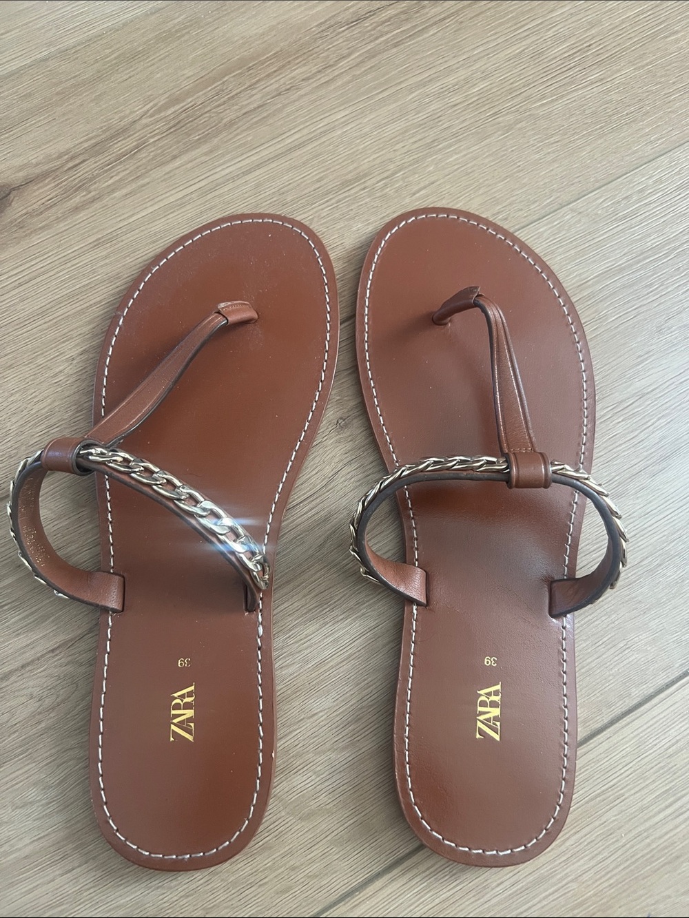 Zara Tan Brown Leather Chain-Trim Thong Sandals